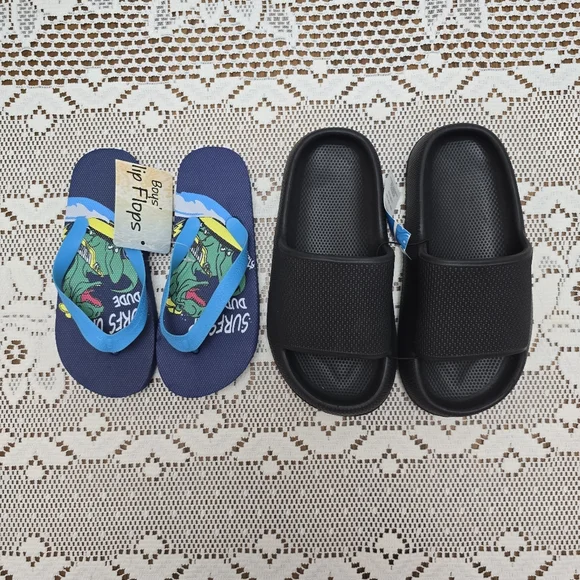 2pk NWT Boys Sandals Blue T-Rex Dinosaur Flip Flops And Black Slide Shoes 11 12 - Picture 1 of 7